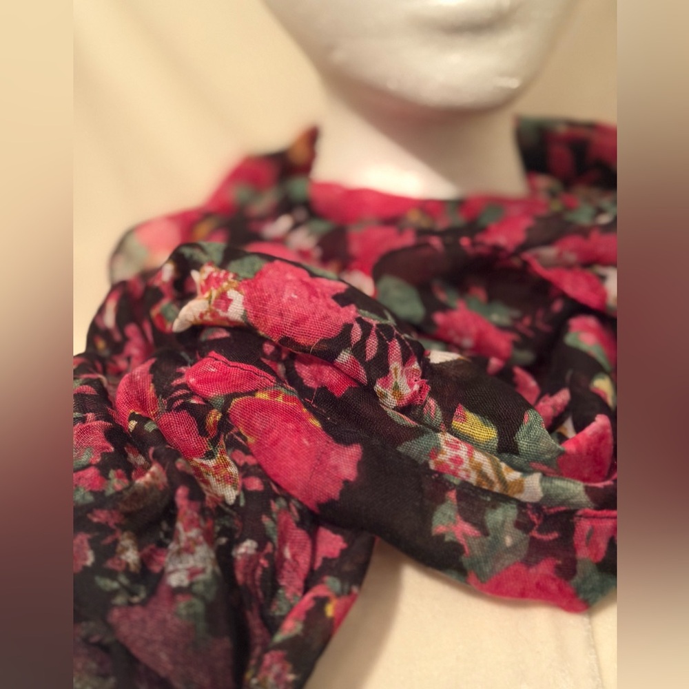 Sheer Black & Pink Floral Lightweight Scarf